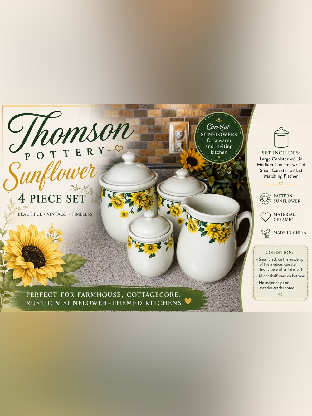 Thomson Pottery Sunflower 4 Pc Canister Set w/ Pitcher Cream White Yellow Floral